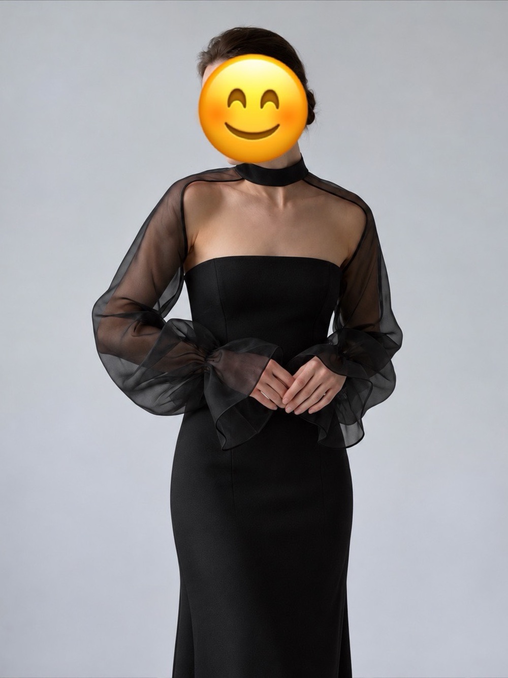 Black Sheer Organza Sleeves with High Neck & Ruffled Cuffs – Size M